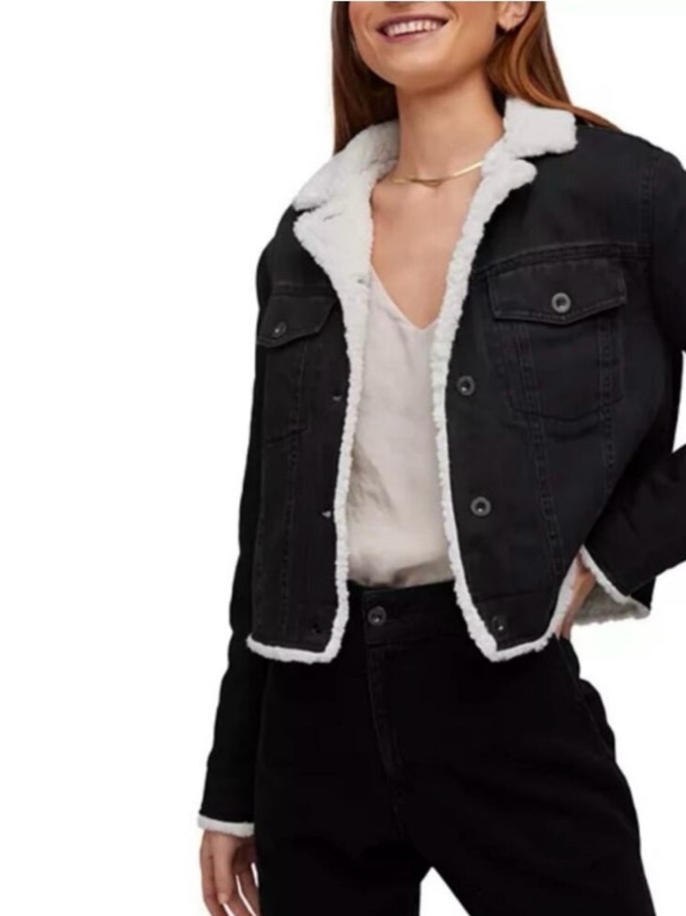 Bella Dahl Vintage Black Jacket with Cream Sherpa Trim Medium